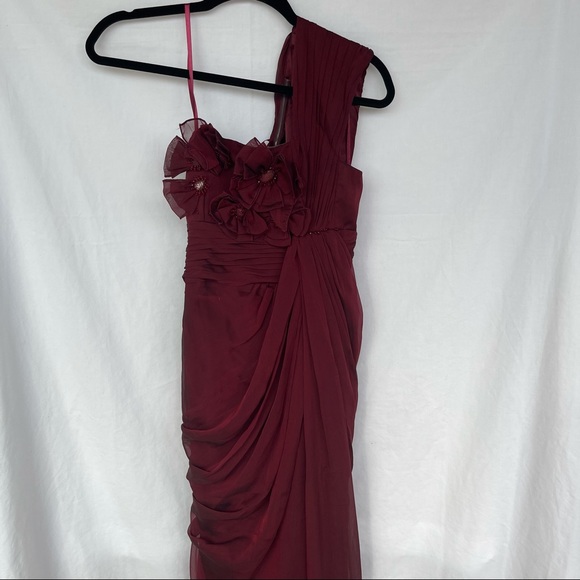 Adrianna Papell Burgundy One Shoulder Sleeveless Beaded Ruched Long Prom Dress - Picture 4 of 12